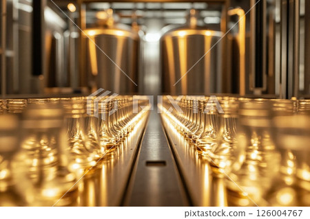 Industrial brewery scene with shiny bottles and metallic equipment in golden light 126004767