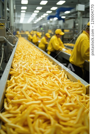 Industrial french fry production line in food manufacturing facility with workers 126004770