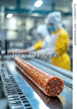 Industrial sausage production process in modern food factory setting Industrial sausage production process in modern food factory setting 126004772