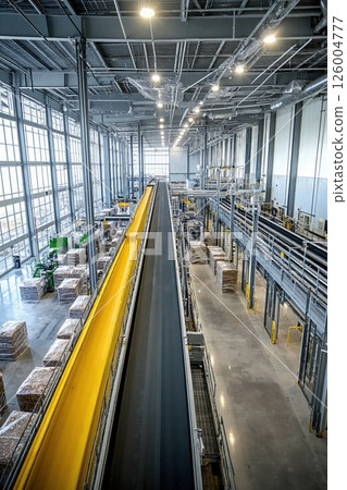 Industrial warehouse with conveyor belt for efficient logistics and transport solutions Industrial warehouse with conveyor belt for efficient logistics and transport solutions 126004777