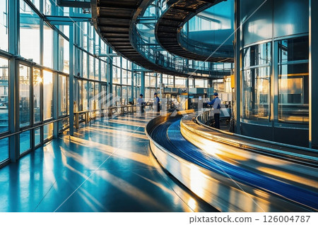 Modern industrial facility with futuristic architectural design and conveyor system in warm sunlight 126004787