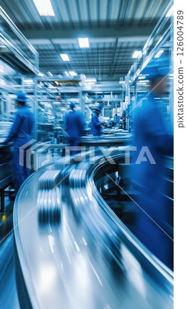 Modern industrial manufacturing process with motion blur in blue tones for advanced production design 126004789