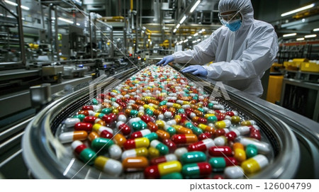 Pharmaceutical production line with pills and capsules in modern factory environment 126004799