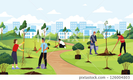City garden. Urban park community. Volunteers planting trees. Conservation environment. Ecology day. Kids volunteering work on farm. Young men and women with saplings. Vector illustration City garden. Urban park community. Volunteers planting trees. Conservation environment. Ecology day. Kids volunteering work on farm. Young men and women with saplings. Vector illustration 126004803