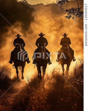 Western adventure at sunset: cowboys riding through golden dusty trail Western adventure at sunset: cowboys riding through golden dusty trail 126004817