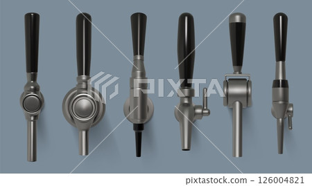 Beer tap. Handle bar faucet. Craft pour brew machine for brewery beverage. 3D pub alcohol equipment. Carbonated drink crane with valve. Liquid vending appliance. Vector isolated mockups set 126004821