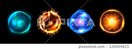 Fire ball. Magic light energy effect. Flame game orb or power fireball. Thunder glow. Round crystal sphere. Electric lightning blast sparkle. Vector 3D blazing plasma isolated shapes set 126004823