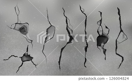 Wall cracks with hole. Broken stone texture. Earthquake grungy scratch. 3D destruction split. Shattered concrete fissure. Cement or asphalt background. Vector broken surface effects set 126004824