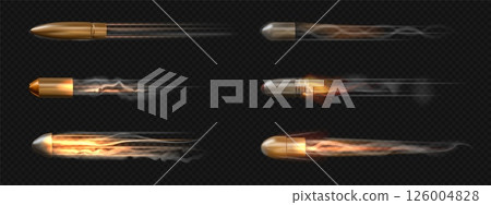 Bullet effect. Flying speed fire. 3D silver projectile trail or pistole shotgun. Gun smoke and gunpowder combustion trace. Ballistic trajectory flight motion. Vector rifle hits set 126004828