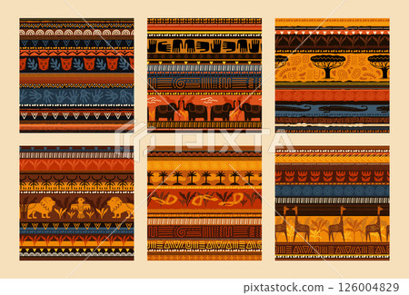 Ethnic seamless pattern. Abstract nature, animals and geometric painting. Primitive Indian ethno textile. Tribal art print. Indigenous ornaments. Vector African style backgrounds set 126004829