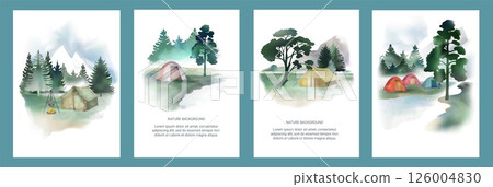 Watercolor camp. Nature landscape drawing. Mountain tree forest. Camping tent and bonfire. Travel book flyer. Positive adventure color sketch card. Vector painting design posters set 126004830