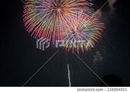 Large rainbow-colored fireworks blooming in the night sky 126004851