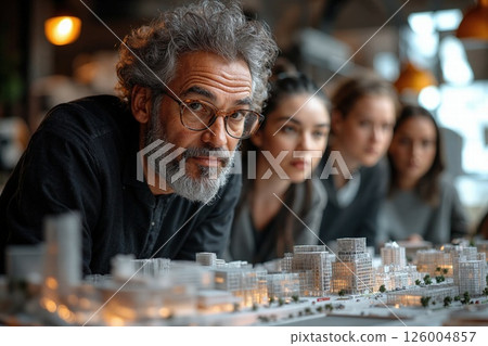 Architectural visionary leading team with urban model for innovative city planning and design 126004857