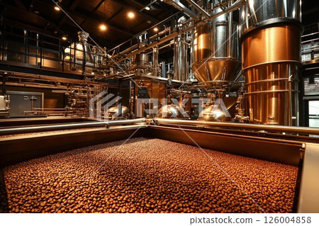 Artisanal coffee roastery with gleaming industrial machinery and freshly roasted beans 126004858