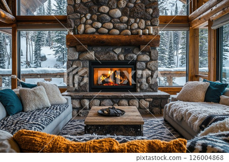 Cozy winter cabin interior featuring rustically designed stone fireplace and panoramic snowy forest views for relaxation concepts Cozy winter cabin interior featuring rustically designed stone fireplace and panoramic snowy forest views for relaxation concepts 126004868