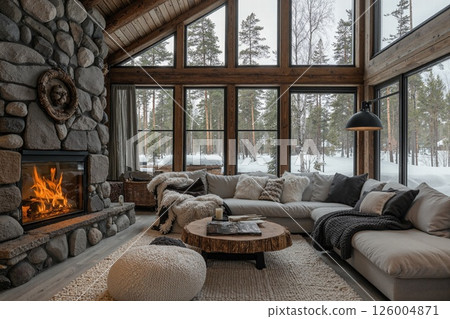 Cozy winter retreat in rustic cabin interior with stone fireplace and snowy forest view 126004871