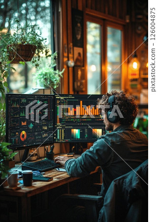 Data analyst immersed in financial market trends in cozy workspace with dual monitors 126004875