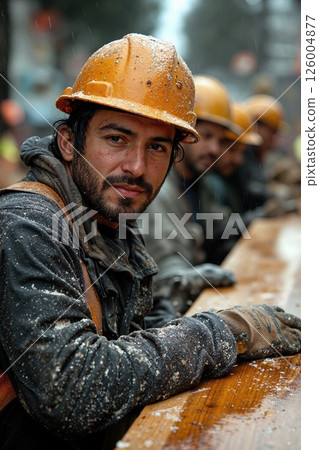 Determined construction workers in rainy urban setting - teamwork and resilience in adverse conditions Determined construction workers in rainy urban setting - teamwork and resilience in adverse conditions 126004877