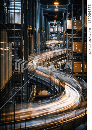 Dynamic industrial warehouse automation with fast-moving conveyor belts in a modern logistics center 126004878