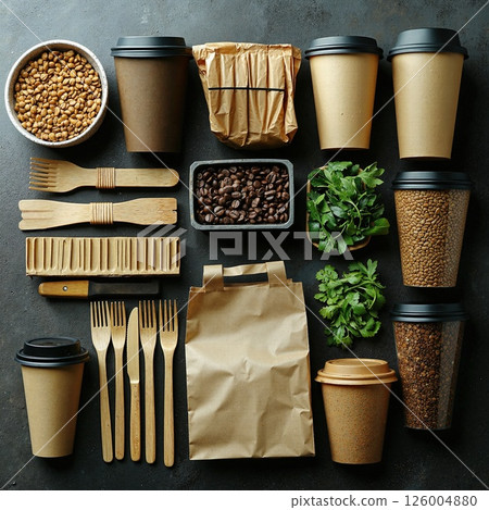 Eco-friendly coffee and snack essentials with sustainable packaging and utensils 126004880