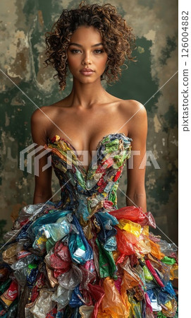 Eco-friendly fashion: vibrant recycled plastic couture gown in artistic urban setting 126004882
