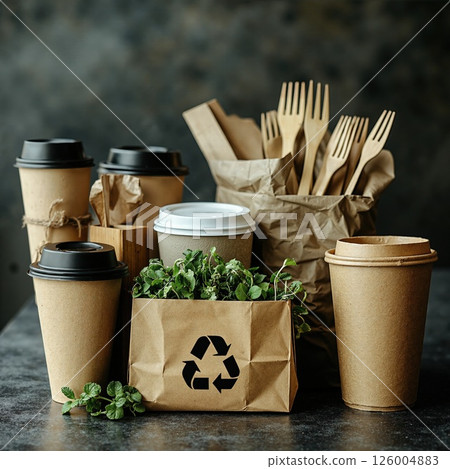 Eco-friendly sustainable packaging: reusable cups, biodegradable utensils and recyclable bags for green living 126004883