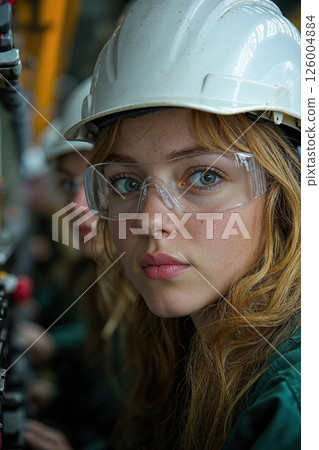 Empowered women in engineering: focused female construction workers in safety gear 126004884