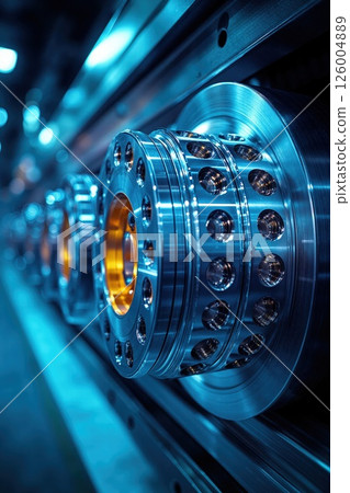 Futuristic industrial design with metallic precision and blue-gold contrast for mechanical innovation concepts 126004889