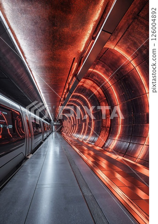 Futuristic neon subway tunnel with modern train and vibrant red lighting for urban transport design inspiration Futuristic neon subway tunnel with modern train and vibrant red lighting for urban transport design inspiration 126004892