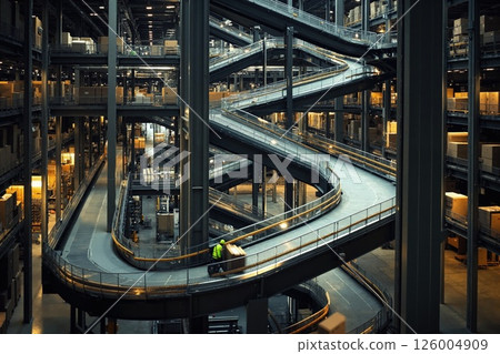 High-tech warehouse logistics hub with automated conveyor system in modern industrial facility 126004909