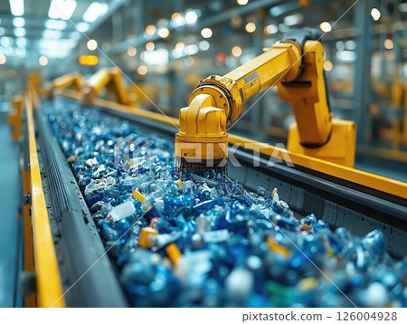 Innovative recycling process with robotic arm sorting plastic bottles in modern facility 126004928