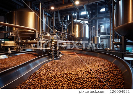 Modern coffee production facility with industrial steel machinery and fresh roasted beans Modern coffee production facility with industrial steel machinery and fresh roasted beans 126004931