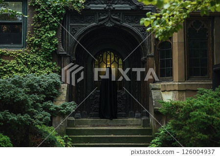 Mystical gothic architecture with enigmatic hooded figure at ivy-encased doorway Mystical gothic architecture with enigmatic hooded figure at ivy-encased doorway 126004937