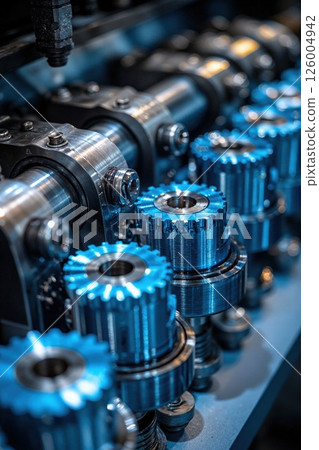 Precision engineering in motion: metallic gears and cogs in industrial machinery blue hues 126004942
