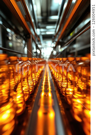 Vibrant glass bottle production line with warm lighting in modern factory environment for industrial innovation 126004951