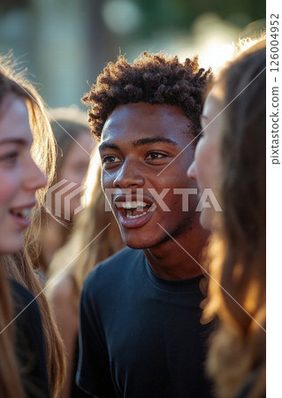 Vibrant social gathering of teens in sunlit outdoor setting Vibrant social gathering of teens in sunlit outdoor setting 126004952