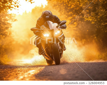 Vibrant sunset adventure: motorcyclist on curved road surrounded by lush autumn foliage Vibrant sunset adventure: motorcyclist on curved road surrounded by lush autumn foliage 126004953