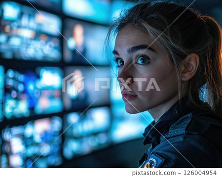 Vigilant security officer monitoring multiple surveillance screens in high-tech control room Vigilant security officer monitoring multiple surveillance screens in high-tech control room 126004954