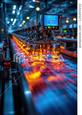 Advanced industrial automation in high-tech manufacturing facility with robotic precision and vibrant lighting design 126005050