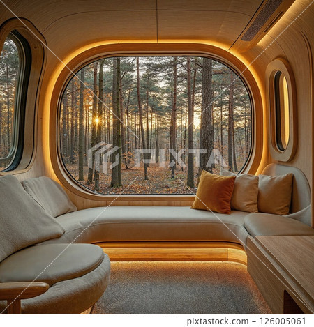 Cozy autumn forest retreat interior with panoramic wooden window design for relaxation inspiration Cozy autumn forest retreat interior with panoramic wooden window design for relaxation inspiration 126005061