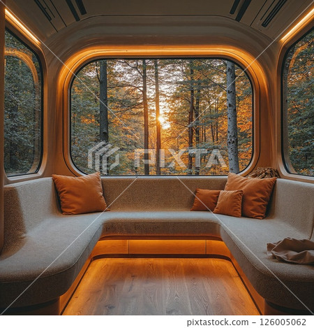 Cozy autumn retreat: sunlit modern cabin interior with forest view for tranquil getaways 126005062
