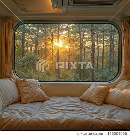 Cozy camper view of serene forest sunset - relaxation and nature escape for outdoor enthusiasts 126005066