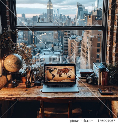 Cozy urban workspace with vintage charm overlooking city skyline at dusk 126005067