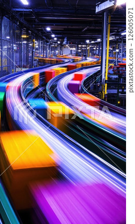 Dynamic colorful conveyor system in industrial warehouse for innovative logistics and modern automation concepts Dynamic colorful conveyor system in industrial warehouse for innovative logistics and modern automation concepts 126005071