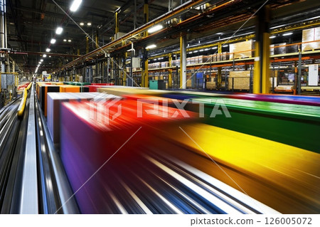 Dynamic conveyor belt in industrial warehouse capturing motion and speed in vibrant colors for modern manufacturing design Dynamic conveyor belt in industrial warehouse capturing motion and speed in vibrant colors for modern manufacturing design 126005072