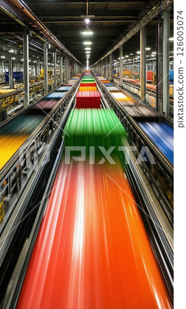 Dynamic industrial conveyor system with vibrant cargo containers in motion - high-speed factory production line for efficient logistics and transport 126005074