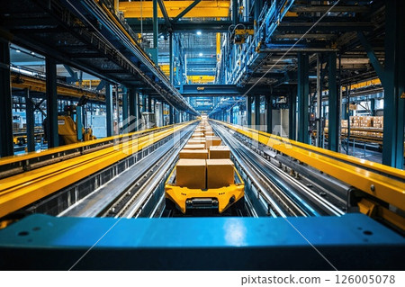 Futuristic automated warehouse with conveyor system in industrial setting showcasing logistics efficiency and modern architecture 126005078