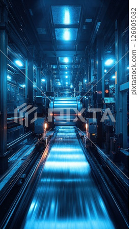 Futuristic industrial factory with advanced machinery and neon blue lighting for technological innovation design 126005082