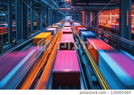Futuristic warehouse automation with colorful conveyor systems for efficient logistics solutions Futuristic warehouse automation with colorful conveyor systems for efficient logistics solutions 126005084