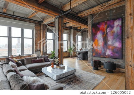 Industrial loft living room with large abstract art and cozy modern decor 126005092